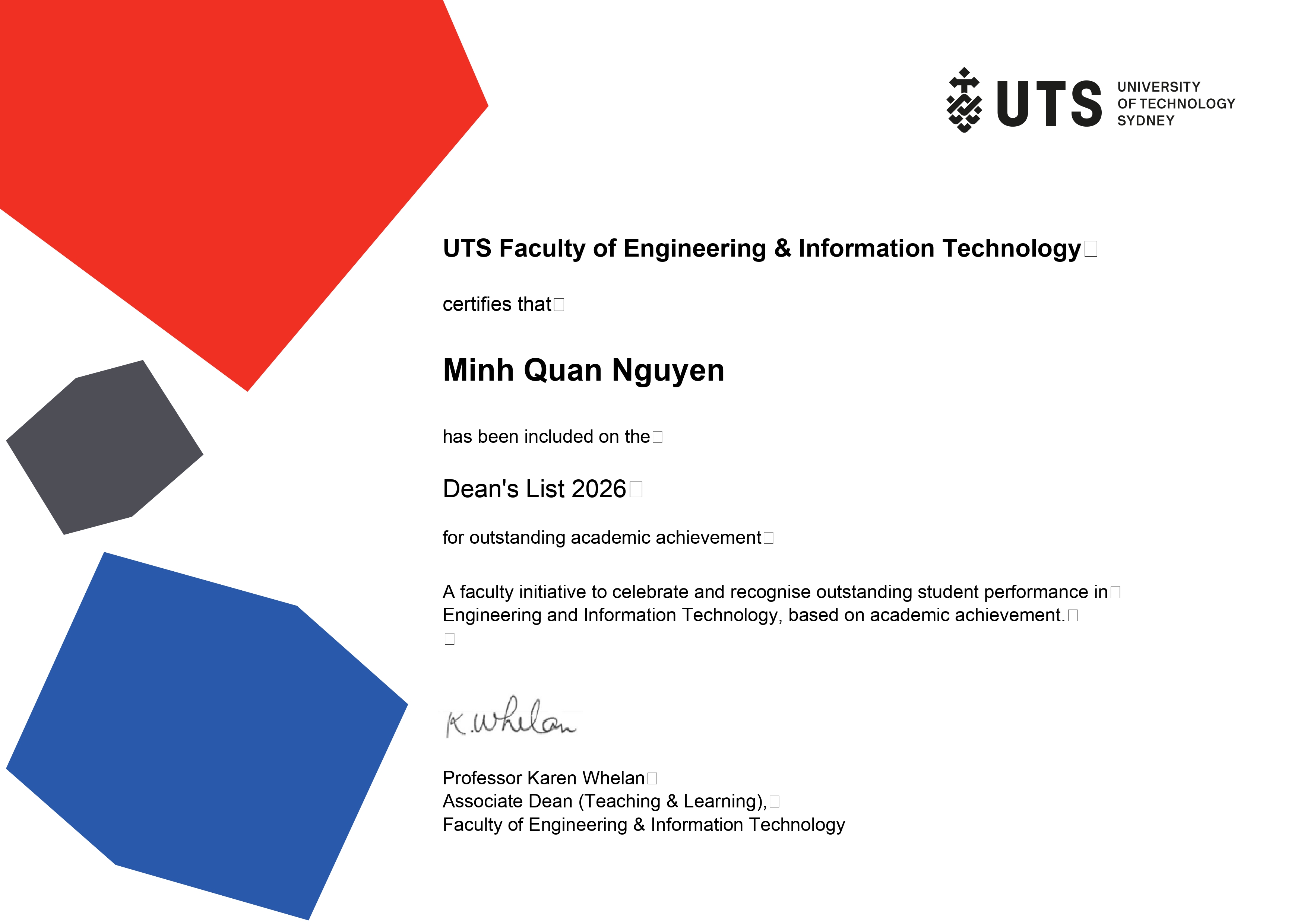 UTS Dean's List 2026 · Nguyen Minh Quan